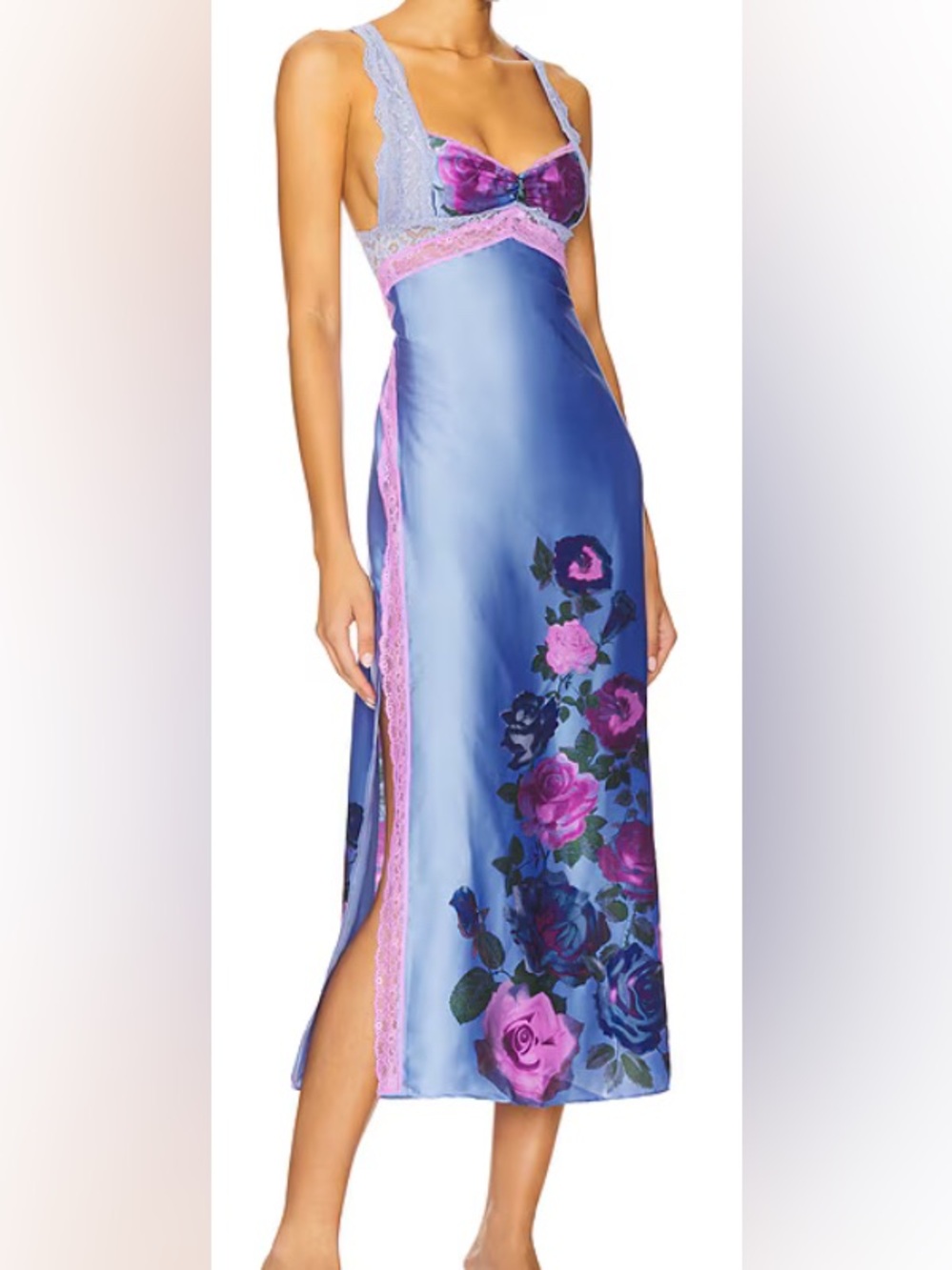 Free People Periwinkle Blue and Orchid Pink Floral Lace-Trim/Satin Slip Dress: M - Picture 2 of 10